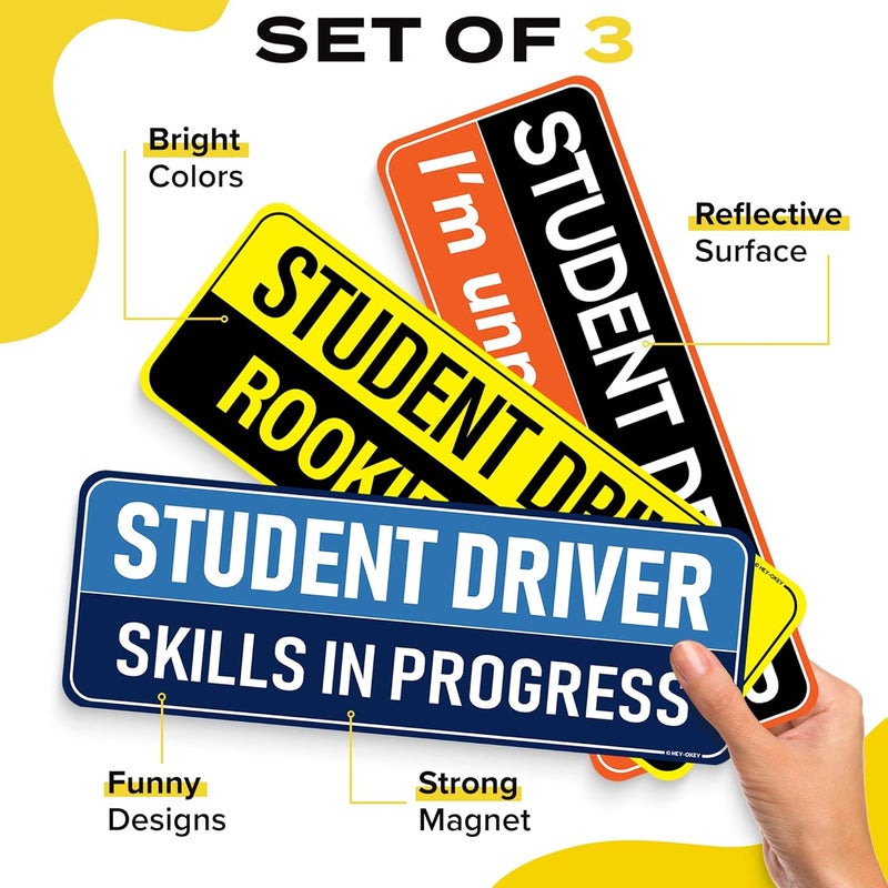 HEY-OKEY 3-Pack Student Driver Magnet for Car – Metal Only (Not for Plastic/Aluminum) – Funny Please Be Patient Reflective Magnetic Bumper Sticker – Removable Rookie Safety Signs – 10 x 3.5 in - Image 3